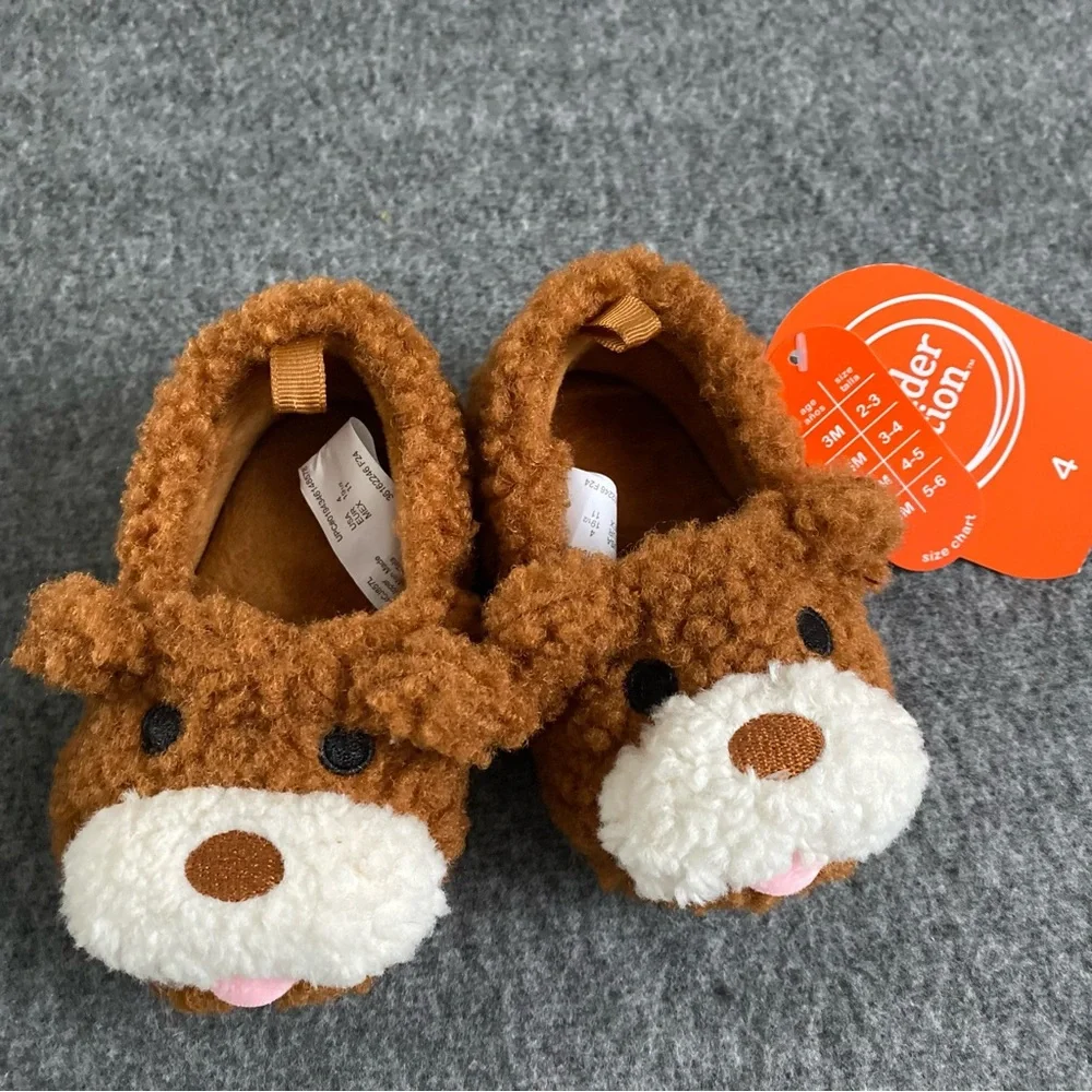 Wonder Nation Baby‎ Slippers Size 4 Brown Dog  Slip On Fuzzy Shoes New